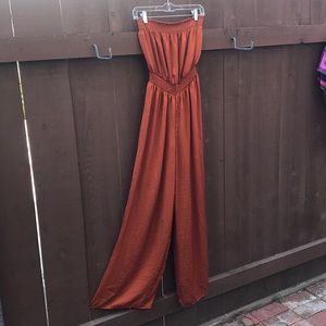 Silky strapless wide-leg romper